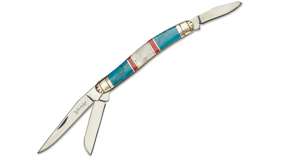 Elk Ridge Small Stockman MOP/Stone Folding Knife, Mirror finish stainless clip, sheepsfoot, and spey, MOP and stone handle, ER-953BMOP