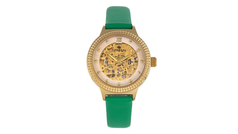 Empress Alice Automatic MOP Skeleton Dial Leather-Band Watch, Green, One Size, EMPEM3203