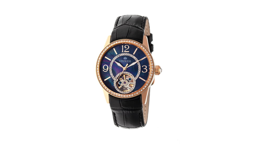 Empress Valois Automatic Mother-Of-Pearl Semi-Skeleton Dial Leather-Band Watch, Rose Gold/Black, Standard EMPEM1306