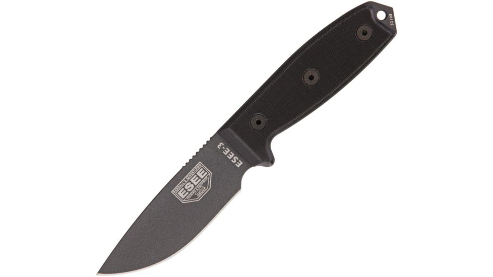 Esee Model 3 Tactical Fixed Blade Knife, 3.875in, 1095 Carbon Steel, Black, Micarta Handle ES3PTGB