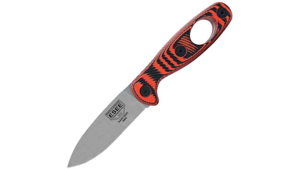 Esee Xancudo Fixed Blade S35V Org Knife, Carabiner hole in handle, 3 stonewash finish S35VN stainless blade, Black and orange 3D machined G10 handle, XAN1-006