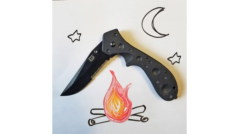 ETE Wortac Linerlock A/O Folding Knife, 4.5in Closed, 3in Black Titanium Finish Partially Serrated D2 Tool Steel Modified Clip Point Blade, Black G10 Handle, 4.6Oz, Designed By Kelly Worden, ETEK1603