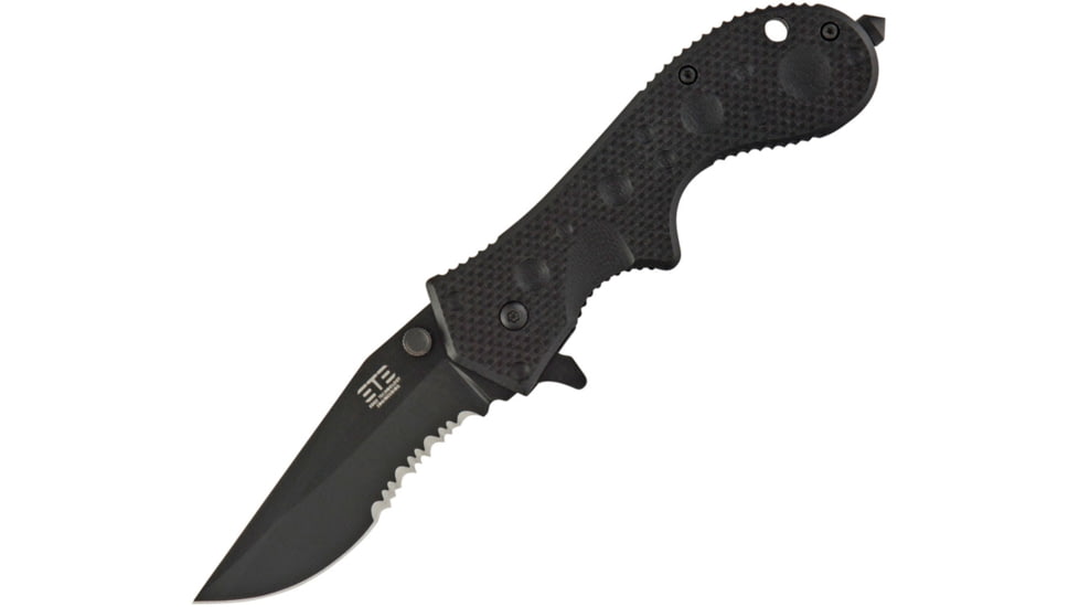 ETE Wortac Linerlock A/O Folding Knife, 4.5in Closed, 3in Black Titanium Finish Partially Serrated D2 Tool Steel Modified Clip Point Blade, Black G10 Handle, 4.6Oz, Designed By Kelly Worden, ETEK1603