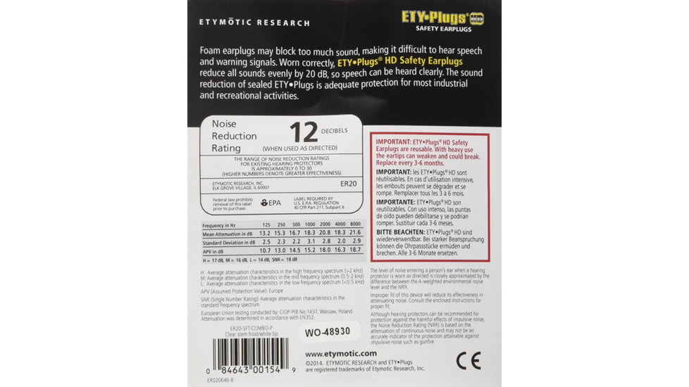 Etymotic Research ER20HD Safety High-Definition Earplugs, Frost/White, Standard, Large, ER20-SFT-COMBO-P