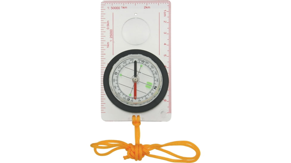 Explorer Base Plate Compass, Measures 4 1/4in X 2 3/8in, Clear Acrylic Construction With Black Trim, Rotating Bezel, Metric Scale, Built-In Magnifying Glass, Gold Cord Lanyard, DC45-5A