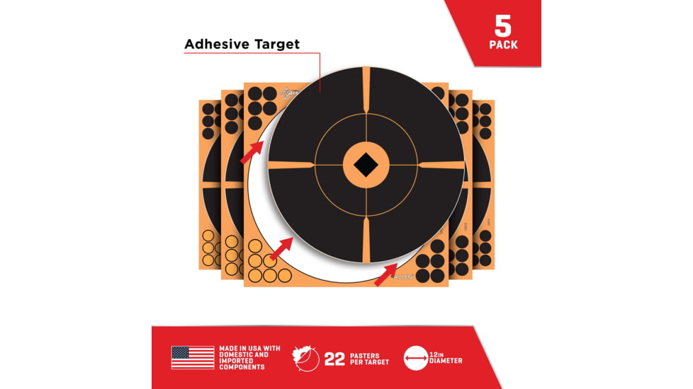EZ-Aim Adhesive Paper Splash Shooting Targets, Crosshair Bullseye, 12-Pack, Black/Orange, 12 in x 12 in, 15376