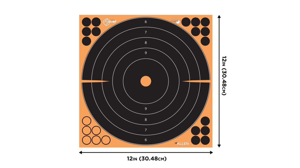 EZ-Aim Allen Splash Reactive Adhesive Paper Bullseye Shooting Targets, 12x12in, 10-Pack, Black/Orange, 15317-10