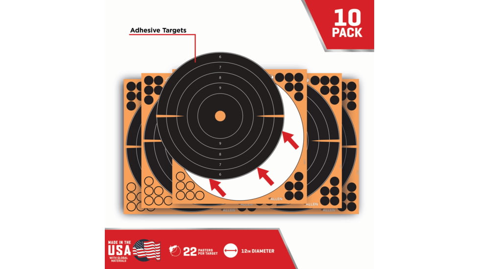 EZ-Aim Allen Splash Reactive Adhesive Paper Bullseye Shooting Targets, 12x12in, 10-Pack, Black/Orange, 15317-10