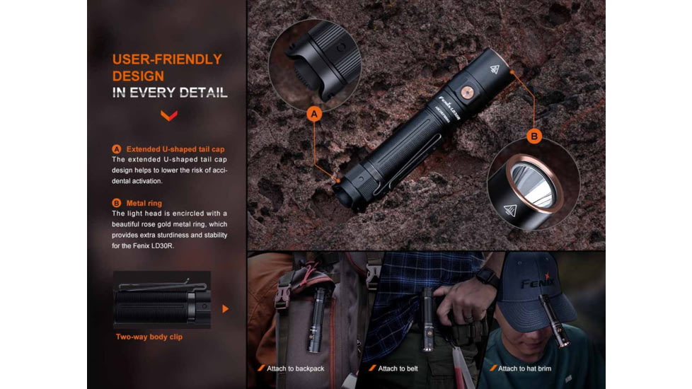 Fenix LD30R, Flashlight, White LED, 1,700 Lumens, 5.11 Long, Anodized Finish, Black, Includes Rechargeable 18650 Battery and USB Type-C Charging Cable