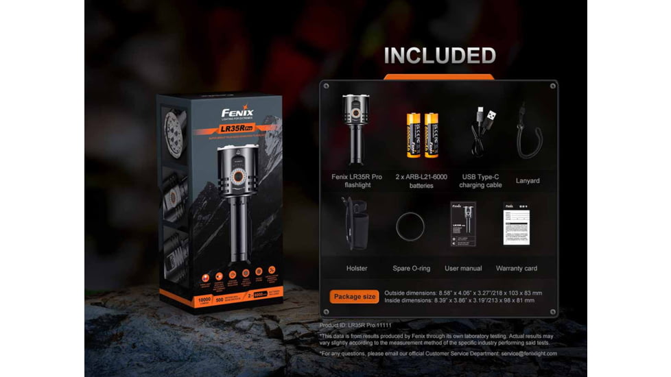 Fenix LR35R PRO, Flashlight, White/Red/UV LED, 10,000 Lumens, Anodized Finish, Black, Includes 2-Rechargeable ARB-L21-6000 Batteries and USB Type-C Charging Cable