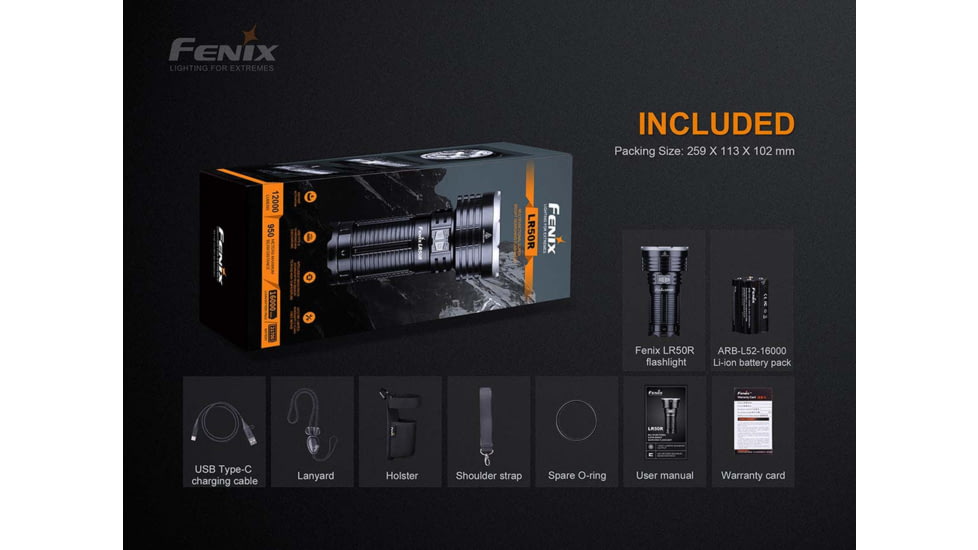Fenix Lighting LR50R Lithium Ion 12000 Lumens Luminus SST70 LED Flashlight, Black, LR50RXBK