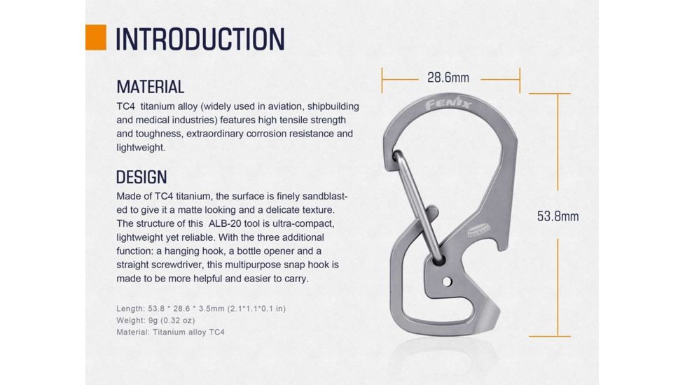 Fenix Multi-Purpose Snap Hook, Flat Screwdriver, Bottle Opener, Key Ring, Hanging Hook, Silver, ALB-20