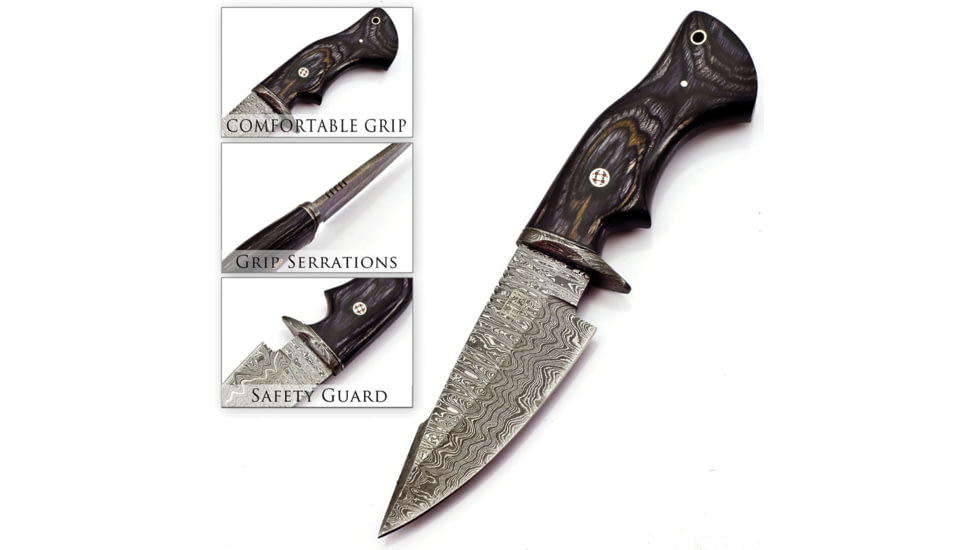 FH Knives Fixed Blade Damascus Gray Knife, 10.25in Overall, 5in Damascus Steel Blade, Black/Gray Pakkawood Handle, Leather Sheath, MLK-0004