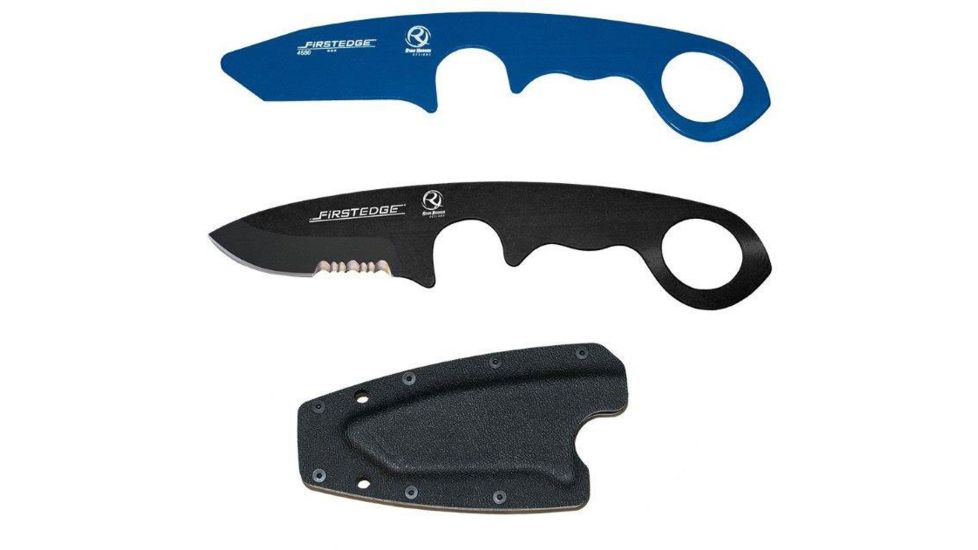 First Edge HR-1 Kit Droppoint Serrated Edge Fixed Blade Knife, Blue Trainer, Sheath, Black, 4883
