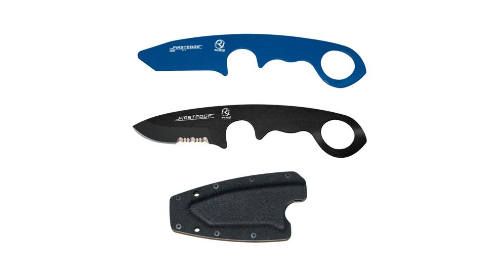 First Edge HR-1 Kit Droppoint Serrated Edge Fixed Blade Knife, Blue Trainer, Sheath, Black, 4883