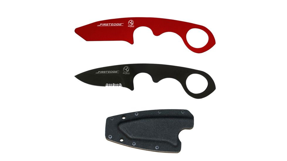 First Edge HR-2 Kit Droppoint Serrated Edge Fixed Blade Knife, Trainer, Sheath, Red/Black, 4887
