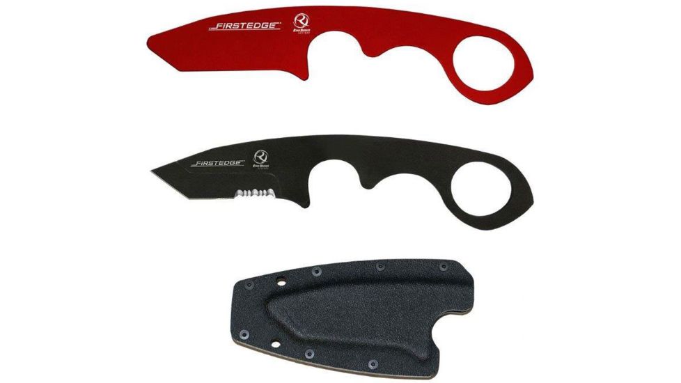 First Edge HR-2 Kit Tanto Serrated Edge Fixed Blade Knife, Trainer, Sheath, Red/Black, 4885
