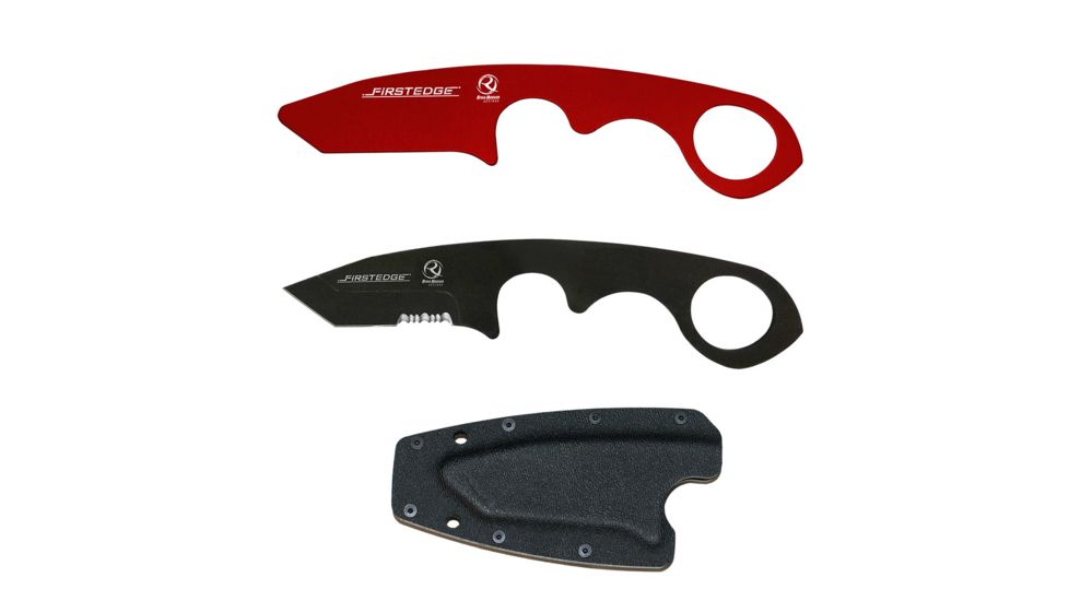 First Edge HR-2 Kit Tanto Serrated Edge Fixed Blade Knife, Trainer, Sheath, Red/Black, 4885