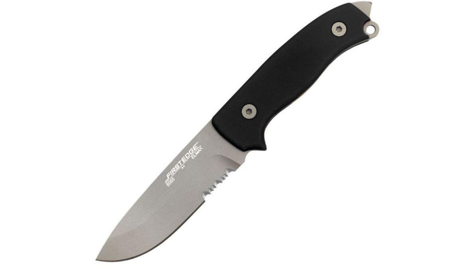 First Edge Tactical Fixed Blade Skinner Serrated Edge, Elmax Bead Blast Blade, Coarse Black, 6055-BBB