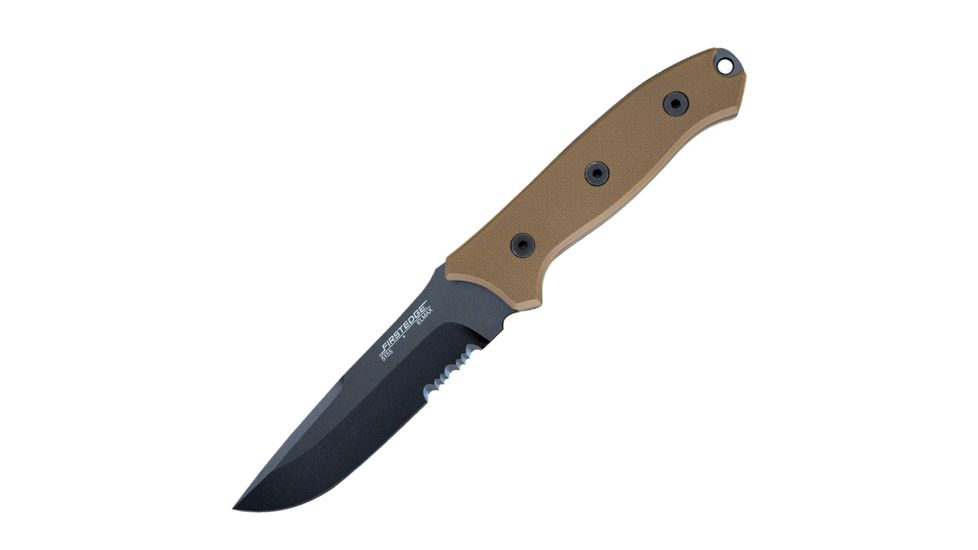 First Edge Thruster Field Fixed Blade Knife Serrated Edge, Elmax Black Oxide Blade, Coarse Black, 15155-BLB
