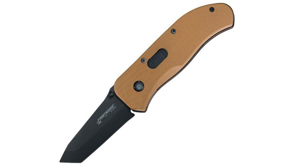 First Edge Tracklock Modified Tanto Folding Knife, Assisted Opening Fine Edge, Elmax Black Oxide Blade, Coarse Green, 1050-BLG