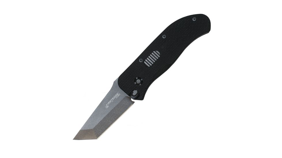 First Edge Tracklock Original Tanto Folding Knife, Auto Opening Fine Edge, Elmax Bead Blast Blade, Coarse Black 1450-BBB