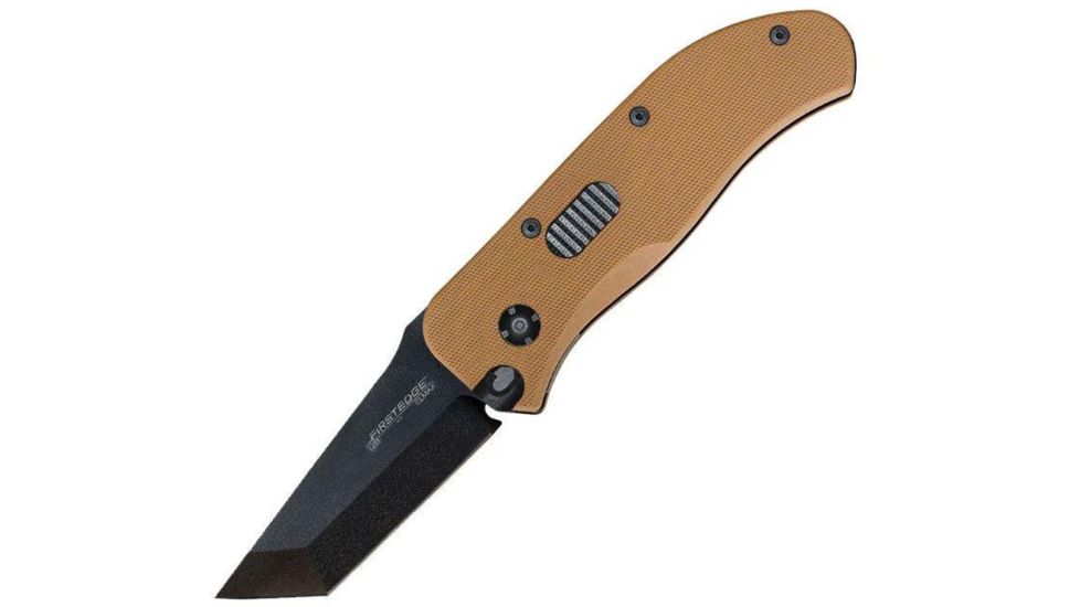 First Edge Tracklock Original Tanto Folding Knife, Auto Opening Fine Edge, Elmax Black Oxide Blade, Coarse Green, 1450-BLG