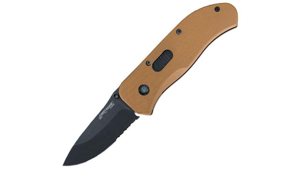 First Edge Tracklock Tactical Hunter Folding Knife, Assisted Opening Serrated Edge, Elmax Black Oxide Blade, Coarse Green, 1655-BLG