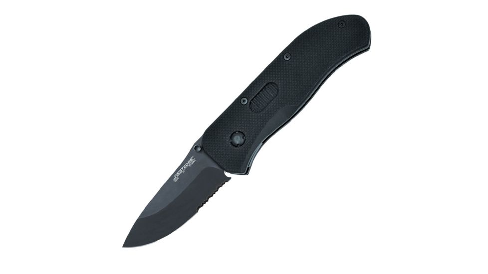 First Edge Tracklock Tactical Hunter Folding Knife, Assisted Opening Serrated Edge, Elmax Bead Blast Blade, Coarse Black 1655-BBB