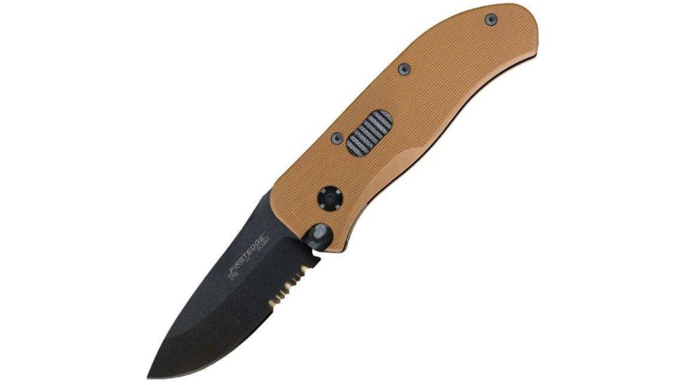 First Edge Tracklock Tactical Hunter Folding Knife, Auto Opening Serrated Edge, Elmax Black Oxide Blade, Coarse Black, 1755-BLB