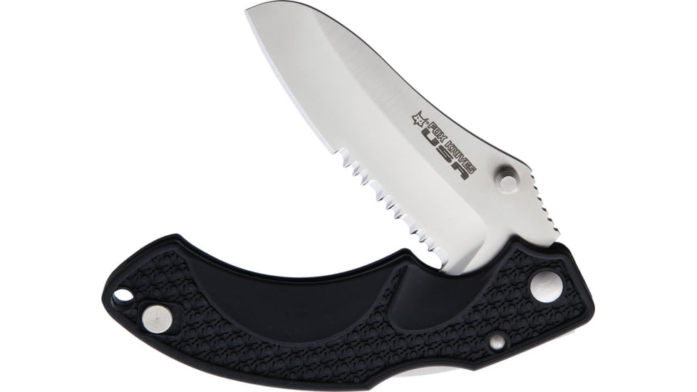 Fox Vitale Lockback Black Folding Knife, 3.5 satin finish partially serrated 154CM stainle, Black textured ABS handle, 01FX295