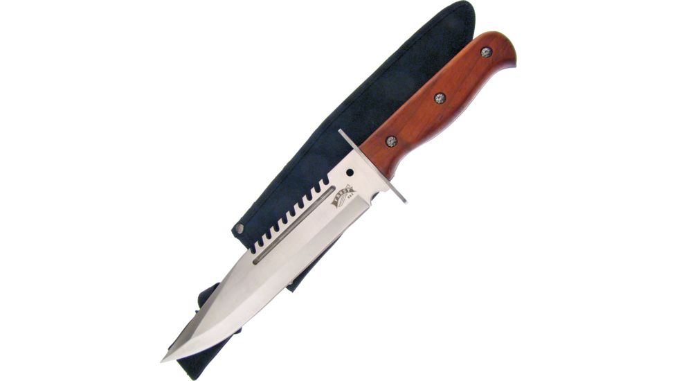 Frost Pioneer Bowie Fixed Blade Knife, 9.75in, Stainless Steel, Standard Edge, Sawback, Satin, Brown, Pakkawood Handle F18306PW