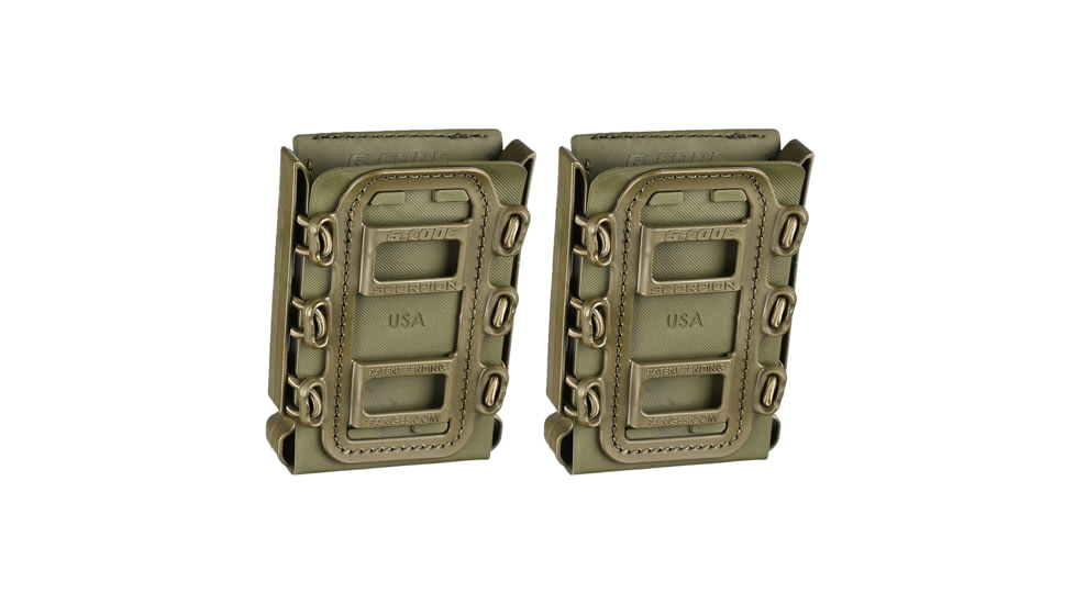 G-Code Soft Shell Scorpion Magazine Carrier Pack of 2, Rifle, R1/R2/R3 Molle and Belt Mounts, Ambidextrious, Green On Green, OD Green Frame/OD Green Shell, Rifle, SS-R1-2PK-123-GNGN