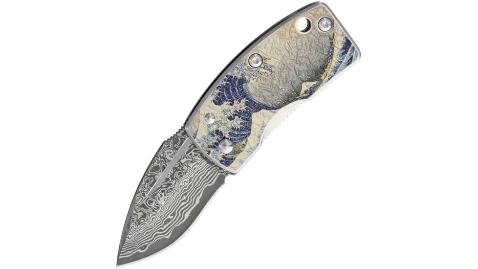 G.Sakai Money Clip Framelock Blue Wave Folding Knife, 1.63in Damascus Steel Drop Point, SS Handle, Pocket Clip, Textured Blue Wave Handle Artwork, Boxed With Hanging Tab, 11606