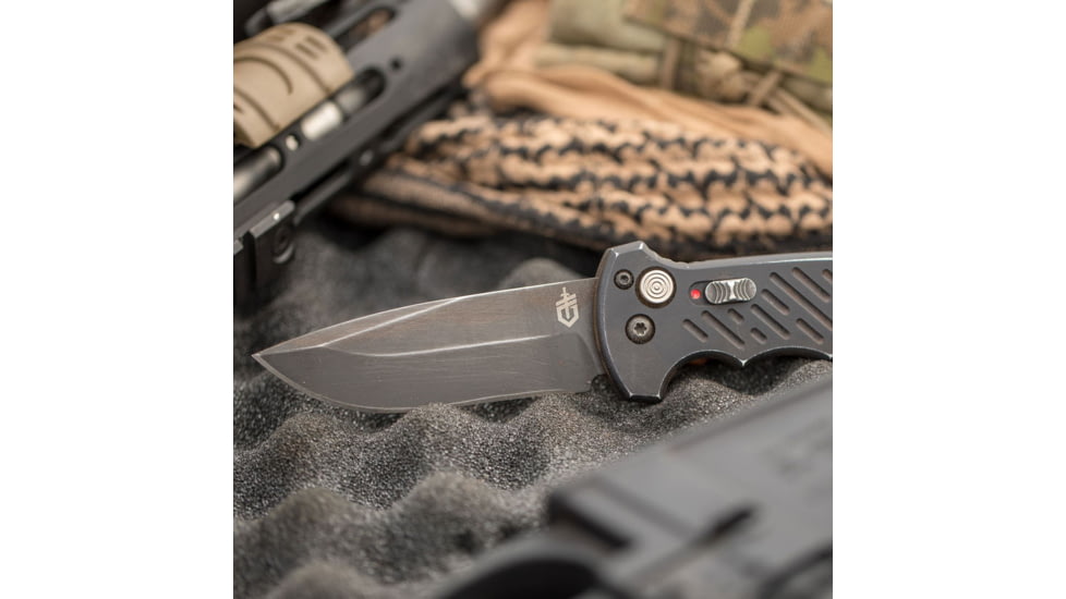 Gerber 06 Auto Automatic Folding Knife, 8.5 in Overall, 3.8 in S30V Plain Drop Point Black Oxide Blade, Anodized 6061-T6 Machined Aluminum Black Handle, 30-001295