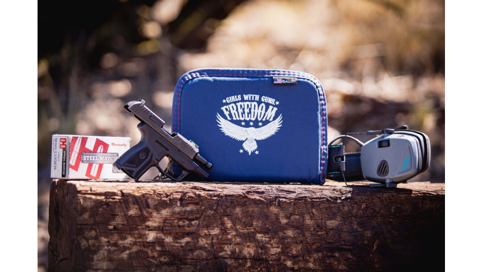 Girls With Guns Handgun Cases, 10 in Long, Full-Size, Lockable Keyring, Ultra-Soft Lining, Foam Padding, Navy w/GWG Freedom Graphic, 9071