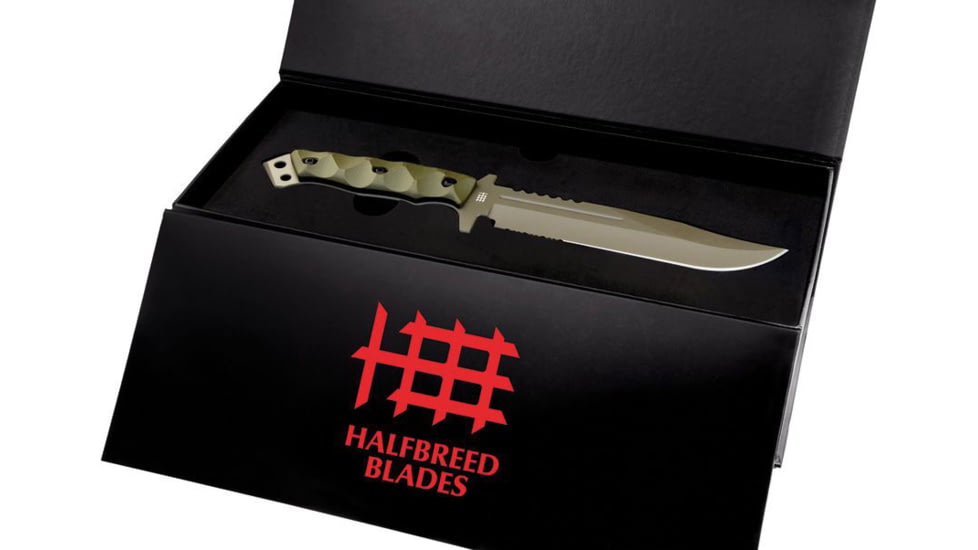 Halfbreed Blades Gen-2 Large Infantry Knife, 6.89in, Bohler K110, Teflon Partially Serrated Clip Point Blade, OD Green G10 Handle, LIK-01 GEN II ODG