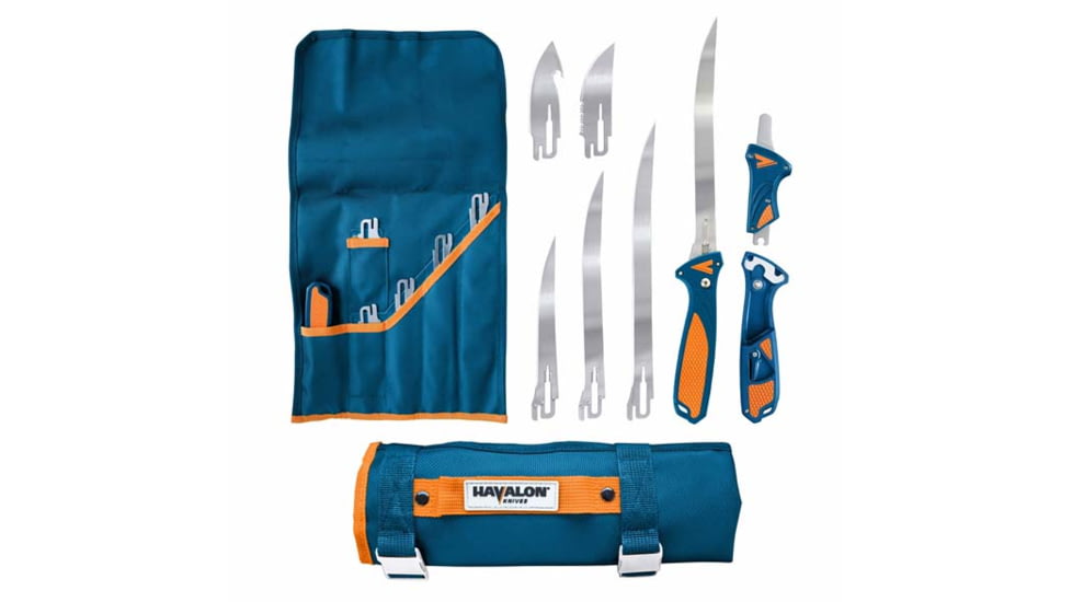 Havalon Talon Fish Interchangeable Fixed Blade Knife Set, 4 Blades, Roll-Pack, Box, Blue/Orange, XTI-TF