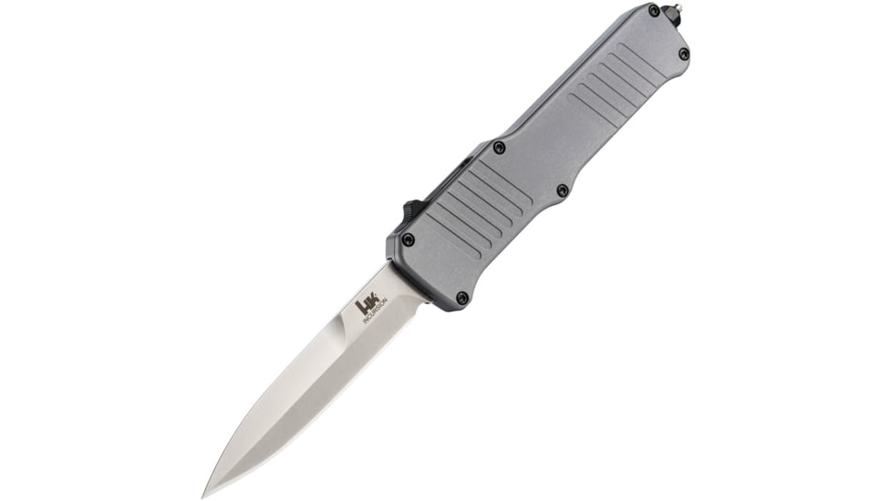 Heckler &amp; Koch Auto Hk Incursion OTF Automatic Folding Knives w/ Glass breaker, 4in, 154CM Stainless Steel, Bayonet Blade, Gray Anodized Aluminum Handle, 54097
