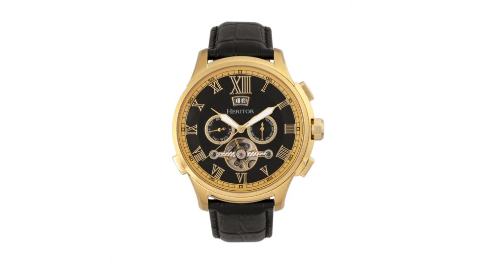 Heritor Automatic Hudson Leather-Band Watch w/Date, Gold/Black, HERHR7503