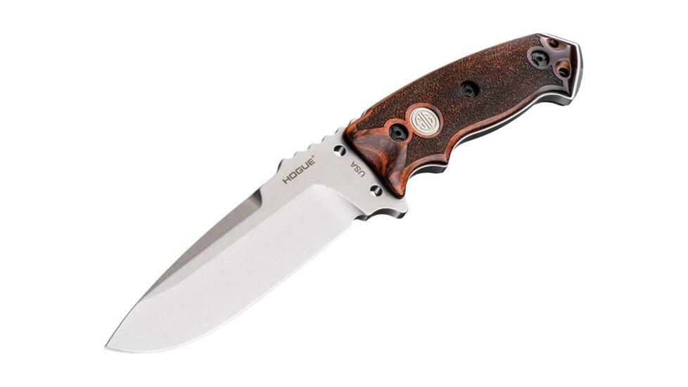 Hogue EX-F01 5.5in Sig Fixed Drop Point Blade, A-2 Bead Blast, Clear Finish, Black Sheath, Reinforced Rosewood Scales Sig Medallion 37175