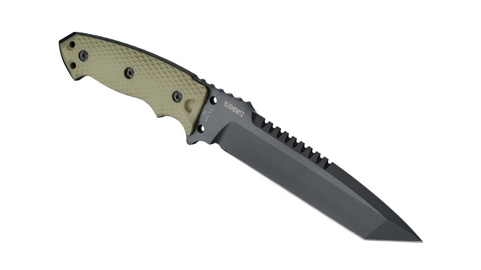 Hogue EX-F01 7in Fixed Tanto A-2 Steel Blade w/Black Automatic Retention Sheath, Black Finish, G10 Olive Drab Green Scales, 35108