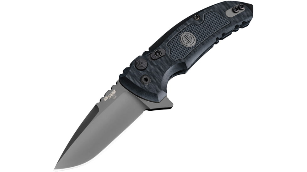 Hogue X-1 Microflip Button Lock Folding Knife, 2.75in gray Cerakote finish CPM-154 stainless drop point blade, Black textured G10 handle, 16172