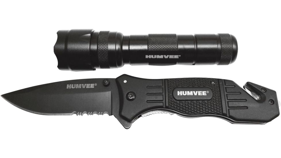 Humvee Emergency Rescue Knife and Tactical LED Flashlight Set, 2-Piece, Black HMV-KC-ER1