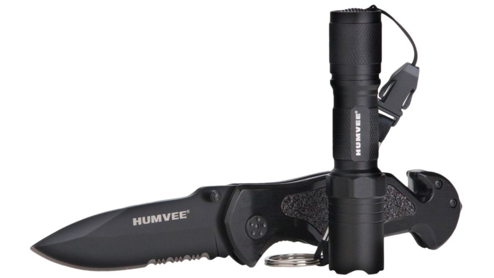 Humvee Emergency Rescue Knife and Tactical LED Flashlight Set, 2-Piece, Black HMV-KC-ER1