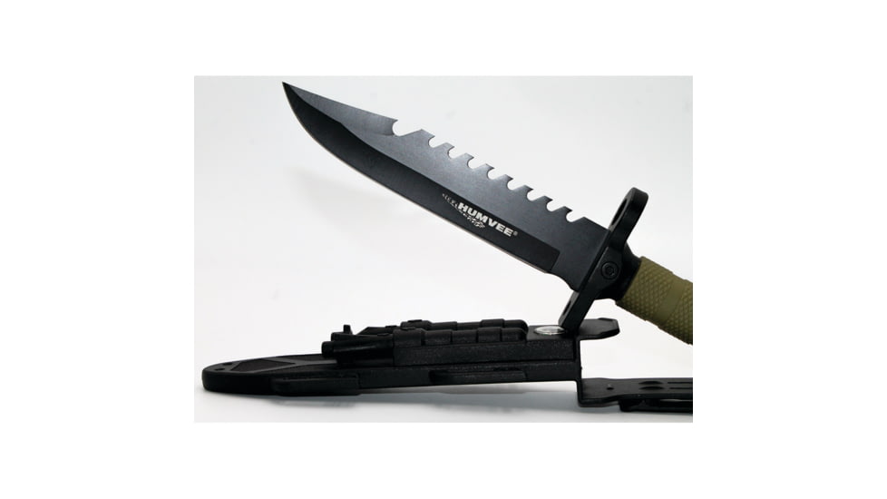 Humvee Next Gen Survival Knife, 7.5in, Stainless Steel, Black Sawback Blade, Green Textured Rubber Handle, Clam Packed, HMV-KFXB-02
