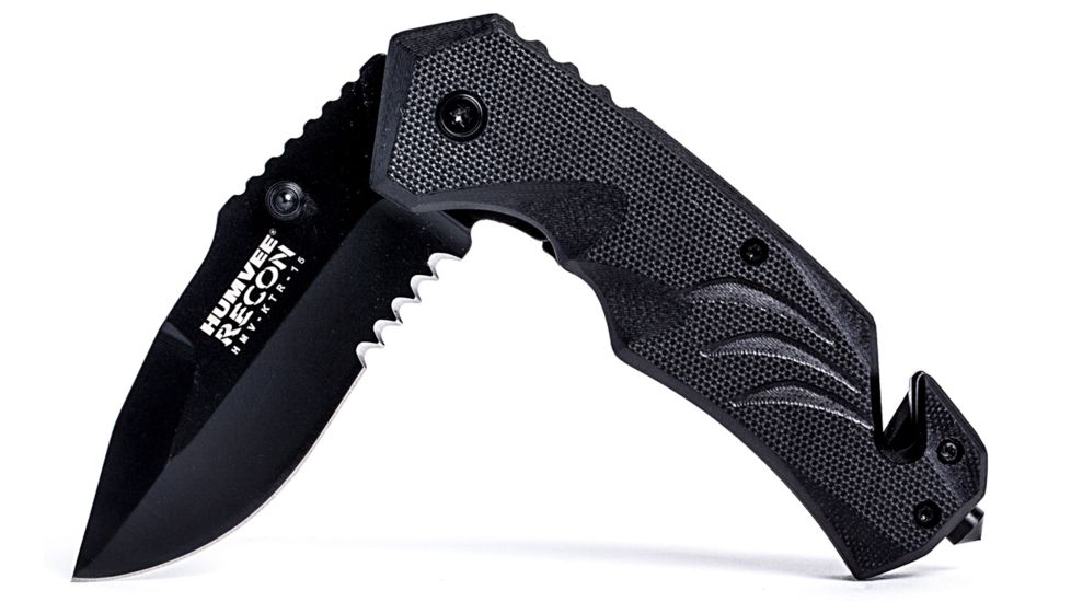 Humvee Recon Serrated Blade with Pocket Clip and Spring Assist, Black HMV-KTR-15