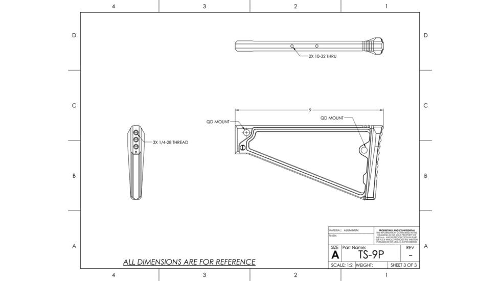 JMac Customs TS-9P 9in Triangle Stock w/Rubber Buttpad, Black, TS-9P
