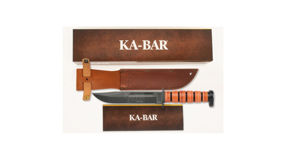 KA-BAR Knives 125th Anniversary Dogs Head Knife, 11.88in Overall, 7in Black oxide Coated 1095 Cro-Van Carbon Steel Clip Point Blade, Stacked Leather Handle, Leather Sheath, KA9228