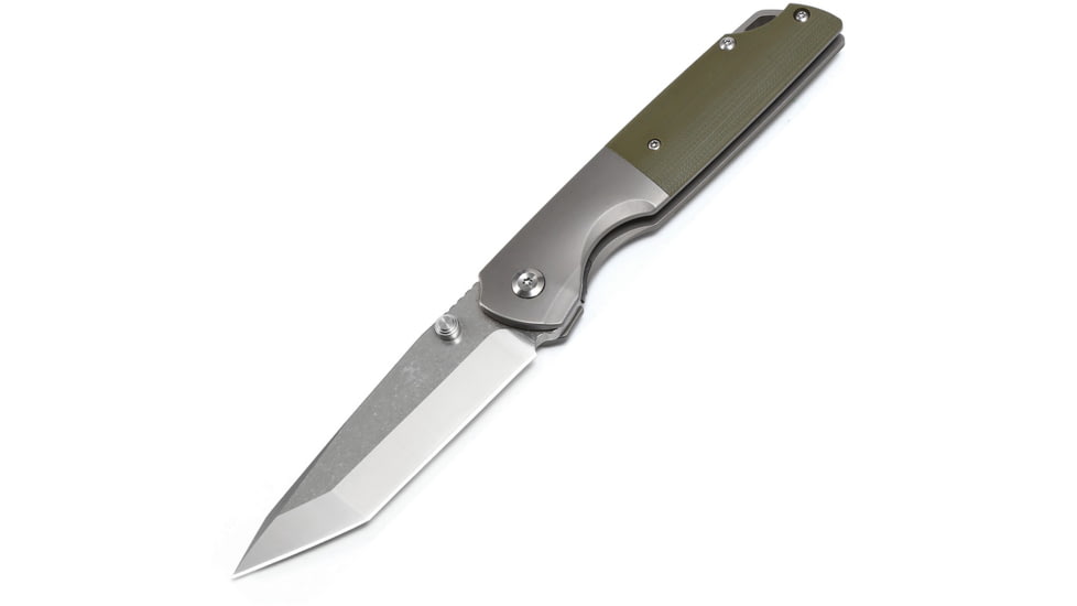Kansept Knives Warrior Framelock Green Folding Knife, 3.5 stonewash and satin finish CPM S35VN stainles, Gray titanium handle with green micarta inlay, K1005T5